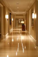 Elegant Hotel Corridor with Polished Wooden Floors photo