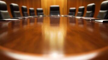 A group of people are sitting around a long wooden table photo