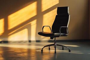Modern Black Office Chair in Sunlit Room with Minimalist Design and Sleek Metal Armrests photo