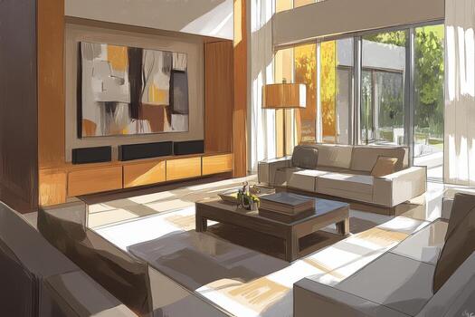 A living room with a large painting on the wall. There are two couches, one on the left and one on the right. A coffee table is in the middle of the room photo