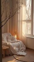 A serene reading corner with a cozy armchair, soft pillows, and warm sunlight streaming through sheer curtains. photo