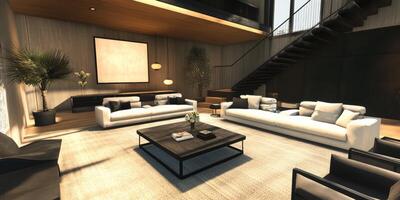 A living room with a white couch and a black coffee table. There is a black and white television on the wall photo