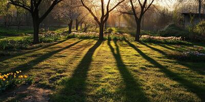 A tranquil garden scene with sunlight streaming through trees, casting long shadows on the grass, surrounded by blooming flowers. photo