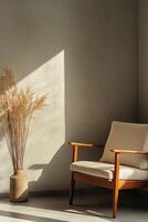 A serene minimalist living room featuring a sunlit armchair and pampas grass, creating a warm and inviting atmosphere. photo