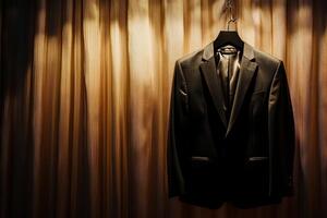 A black suit jacket hangs on a hanger in front of a wooden curtain. The jacket is hanging in a dimly lit room, giving it a mysterious and elegant atmosphere photo