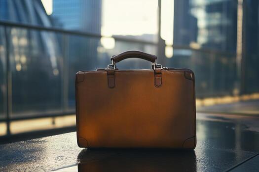 A brown leather briefcase sits on a wet surface. The briefcase is open and the handle is visible. The scene is set in a city with a bridge in the background photo