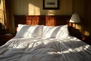 Bright Sunlight Casting Shadows on a Neatly Made Bed in a Room photo
