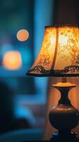 Cozy Vintage Lamp with Lace Shade Illuminating a Warm, Inviting Room Interior in Soft Evening Light photo