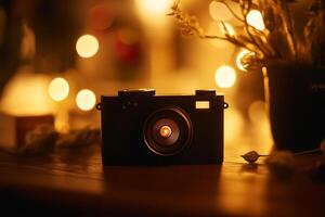 A black camera with a light inside of it is sitting on a table photo