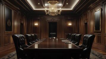 A large room with a long table and many chairs. The room is very dark and the chairs are black photo