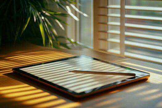 A tablet with a pencil on it photo