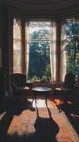 Sunlit Vintage Living Room with Elegant Armchairs and Lace Curtains photo