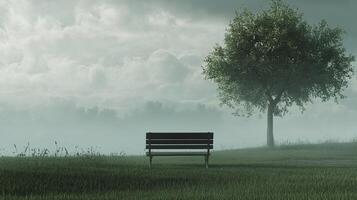 Tranquil Bench Under a Tree in a Misty Green Landscape photo