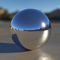 Reflective Metallic Sphere on Urban Concrete Surface with Clear Blue Sky in Background photo