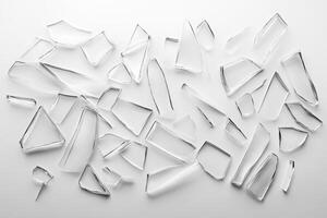 Abstract Composition of Broken Glass Pieces on a White Background photo