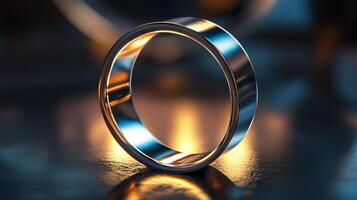 A close up of a sleek silver ring reflecting warm light, showcasing modern elegance and minimalist design. photo