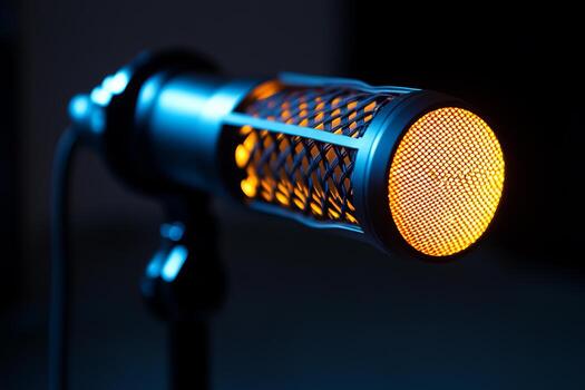 A microphone with a yellow cord is lit up photo