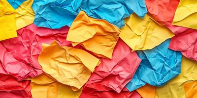 A vibrant collection of crumpled red, yellow, and blue paper sheets creating a colorful textured background. photo