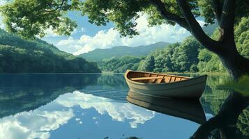 Serene Wooden Rowboat on Tranquil Lake with Lush Green Forest photo