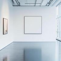 A sleek minimalist art gallery interior featuring a blank canvas on a white wall, complemented by ample natural light and a serene atmosphere ideal for artistic expression. photo