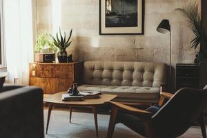 A living room with a couch, coffee table, and a potted plant photo