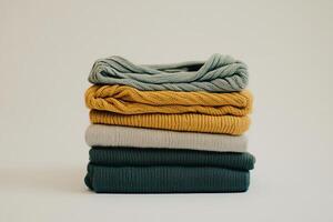 A stack of sweaters with a yellow one on top photo