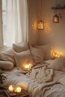 Cozy Hygge-Inspired Bedroom with Soft Textiles, Warm Lighting photo