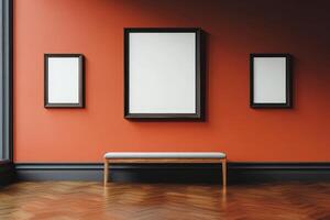 Blank Art Gallery Space with Empty Frames on a Vibrant Orange Wall photo