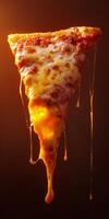 A delectable slice of melted cheese pizza hangs against a dark backdrop, showcasing delicious gooeyness and tantalizing toppings, perfect for food lovers. photo