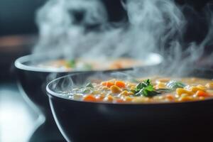 A steaming bowl of delicious soup filled with fresh vegetables and noodles. This image conveys warmth and comfort, perfect for a cozy dinner setting. photo