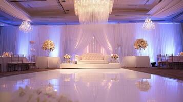 A large room with a white wall and a chandelier photo