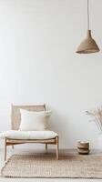 A chair with a white pillow on it is in a room with a white wall photo