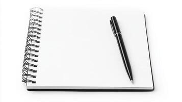 Blank Spiral Notebook with Black Pen on White Background photo