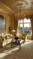 A living room with a gold ceiling and gold curtains photo