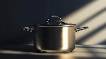 Stainless Steel Cooking Pot with Lid Illuminated by Natural Light photo