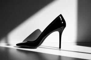 Elegant Black High Heel Shoe on Minimalist Background with Shadows photo