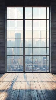 Large Panoramic Window in Art Gallery with City View and Natural Light photo