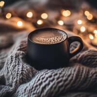 Cozy Black Mug with Hot Beverage Nestled in Knitted Blanket Surrounded by Warm Glowing String photo