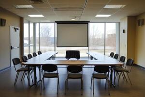 A large conference room with a projector screen and a table in the middle photo