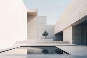 Modern Minimalist Architectural Design with Tree and Reflection Pool photo