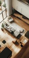 Modern Minimalist Living Room with Wooden Flooring and Large Windows photo