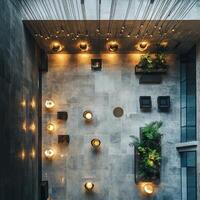 Modern Indoor Atrium with Stylish Lighting and Greenery in Contemporary Architectural Design photo
