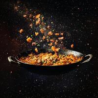 Vibrant Dish Surfing Through Space with Colorful Ingredients Floating photo
