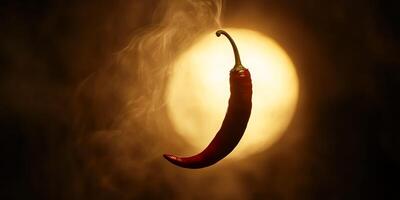 Bright Red Chili Pepper Against Smoky Background and Sunlight Glow photo
