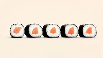 Fresh Sushi Rolls with Salmon Filling on Neutral Background photo