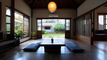 Serene Japanese-Style Living Room with Tatami Mats and Traditional Wooden Architecture photo