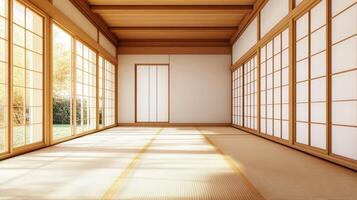 Sunlit Traditional Japanese Room with Tatami Mats and Sliding Shoji Doors photo