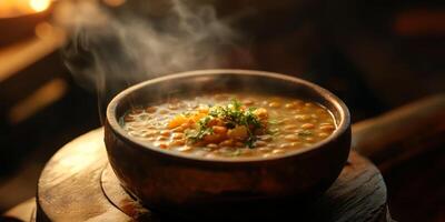 Aromatic Vegetable Soup in Wooden Bowl with Fresh Herbs and Steam photo