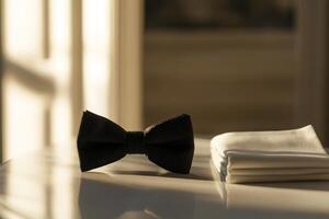 Elegant Black Bow Tie with White Napkin on a Tabletop Surface photo