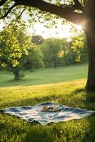 Serene Picnic Setting Under a Tree in a Sunlit Park with Lush Greenery photo